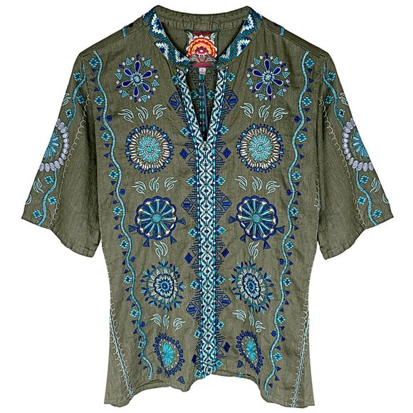 Johnny Was Tops - Johnny Was Linen Embroidered Split-Neck Short Sleeve Tunic Top in Olive Green